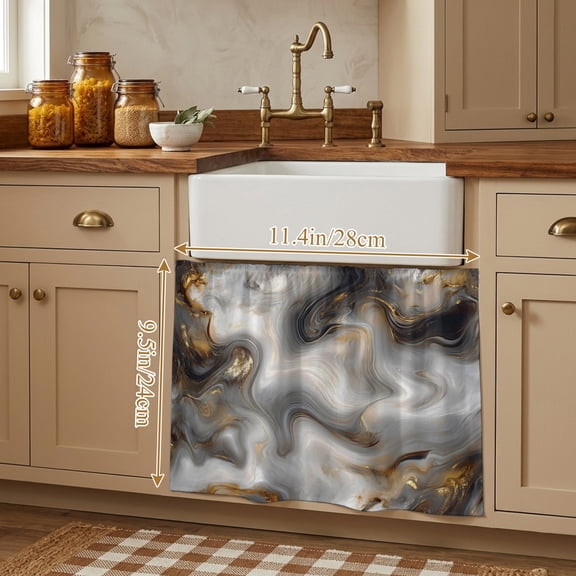Black Gray Marble Small Cabinet Curtains 10"W x 11"L, Modern Abstract Golden White Texture Sink Skirt Dust-Proof Short Curtain for Bathroom Vanity Storage Cubby Desk, Self Adhesive Privacy Drapes