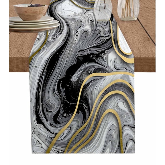 Black Gray Marble Table Runner 108 Inches, Vintage Golden Abstract Patterned Bed Runner Dresser Scarves Tabletop for Indoor Outdoor Parties/Ceremony/Banquet, 13"x 108"