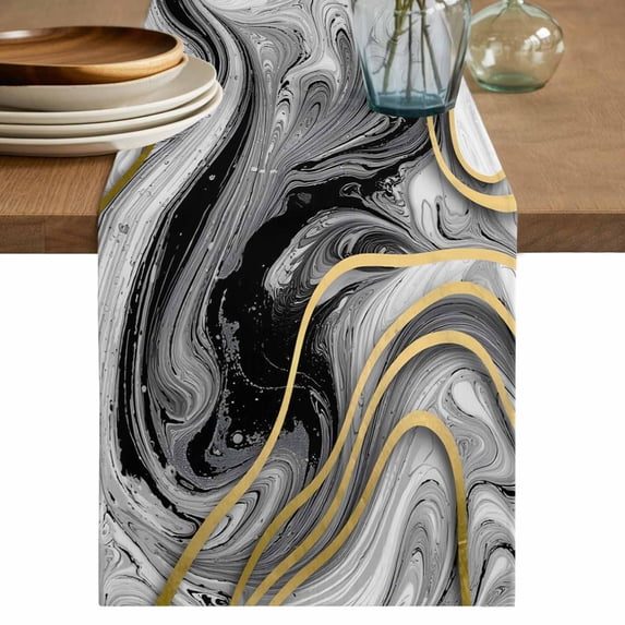 Black Gray Marble Table Runner, Vintage Golden Abstract Patterned Washable Cotton Linen Table Runners 72 Inches Long, Dresser Scarf Runner for Dining/Coffee/Kitchen/TV Stands/Cabinets 14''x72''