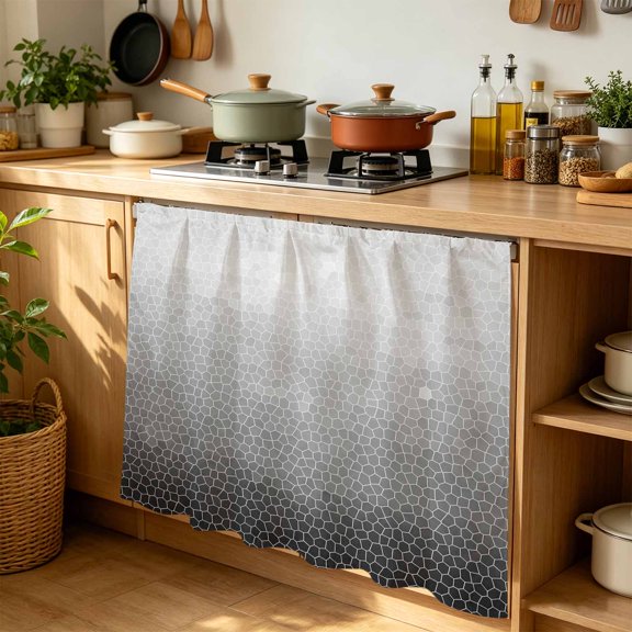 Black Gray Mosaic Cabinet Curtains 35"W x 35"L, Minimalist Abstract Hexagonal Grid Soft Gradient Under-Desk Privacy Dust Proof Drape Dishwasher Curtain Sink Skirt for Kitchen Closet Bathroom Laundry