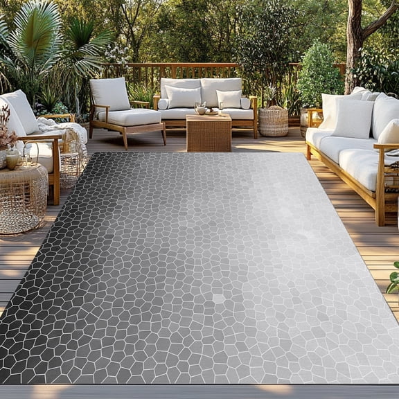 Black Gray Mosaic Indoor Outdoor Rugs 3x5 Ft, Minimalist Abstract Hexagonal Grid Soft Gradient Outdoor Patio Rugs Mat Washable Outside Area Rugs Carpet for Porch Deck RV Camping Pool Balcony Backyard