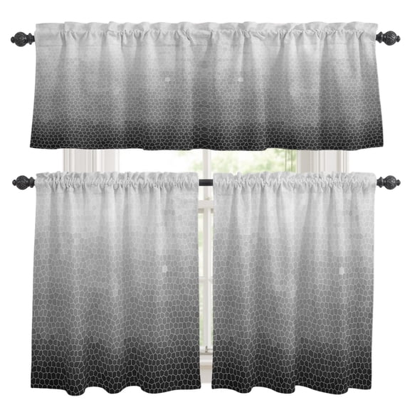Black Gray Mosaic Kitchen Curtains and Valances Set, Minimalist Abstract Hexagonal Grid Soft Gradient 3 Piece Curtains Valances and Tiers Set Rod Pocket for Kitchen Bathroom Windows 24 Inch