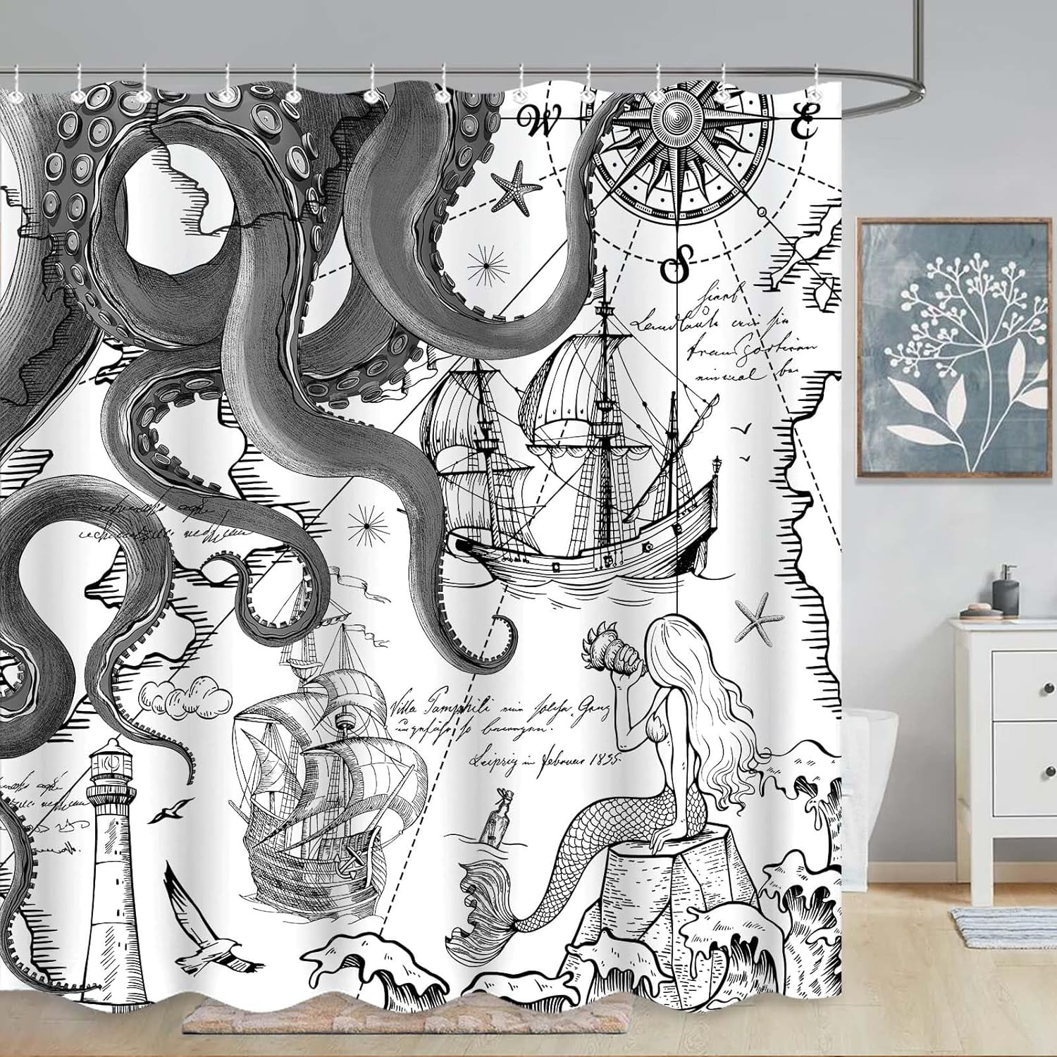 Black Gray Nautical Octopus Shower Curtain Grey Mermaid Funny Ocean