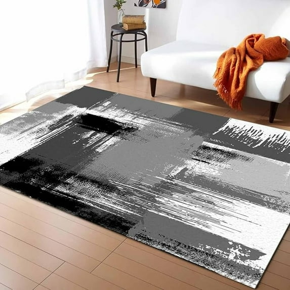 Black And Gray Oil Painting Area Rug, Abstract White Black Graffiti Texture Indoor Non-Slip Kids Rugs, Machine Washable Breathable Durable Carpet For Front Entrance Floor Decor 5x8ft