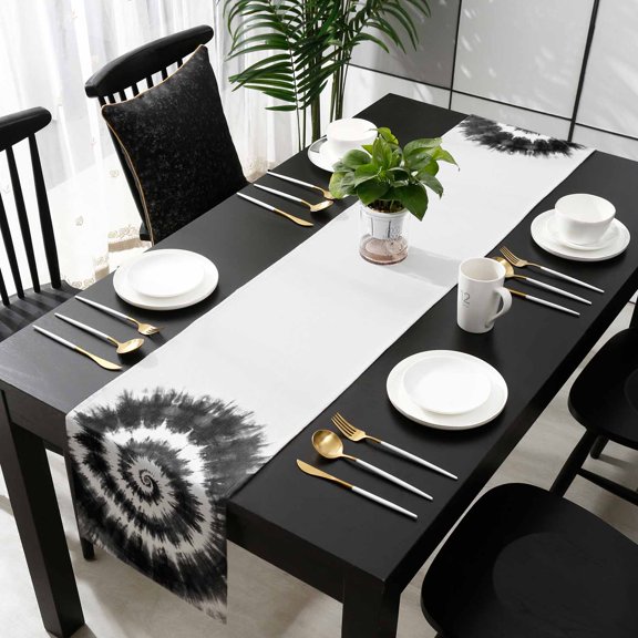 Black Gray Ombre Cotton Linen Table Runner 13 x 70 inch Retro Abstract Tie-dye Tribal Boho Non-slip Rectangular Dining Table Decor for Wedding Party Holiday Dinner