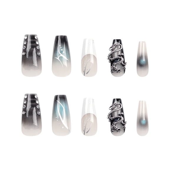 Black Gray Ombre Gradient Press on Nails, Medium Coffin Glossy False Nails with Rhinestone Accents, Dragon & Leaf Patterns, 24 Count