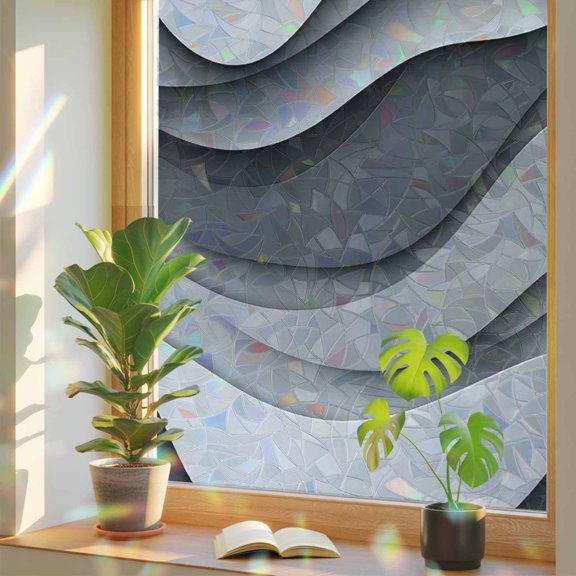 Black Gray Ombre Privacy Window Film, Decorative Stained Glass Window Film, Modern Abstract Moire Art Geometric Resuable Rainbow Static Cling for Home Bathroom Living Room Glass Door 17.7"x39.3"