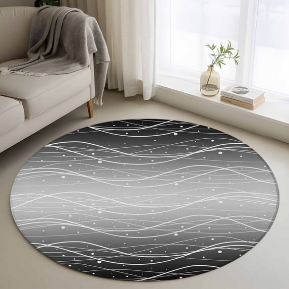 Black Gray Ombre Round Area Rug 3Ft Washable Small Circle Rugs for Kitchen Entryway, Modern Abstract Striped Polka Dots Non-Slip Carpet Floor Mats Indoor Outdoor Carpet Runner Aesthetic Home Decor
