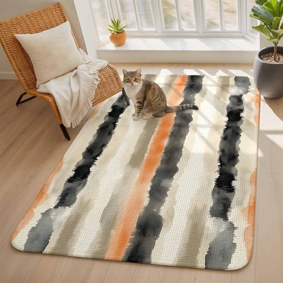 Black Gray Orange Stripes Area Rugs for Living Room 5x6, Modern Art Washable Area Rug with Non Slip Backing, Stain Resist Linen Carpet for Bedroom, Dining Room, Entryway, Entrance