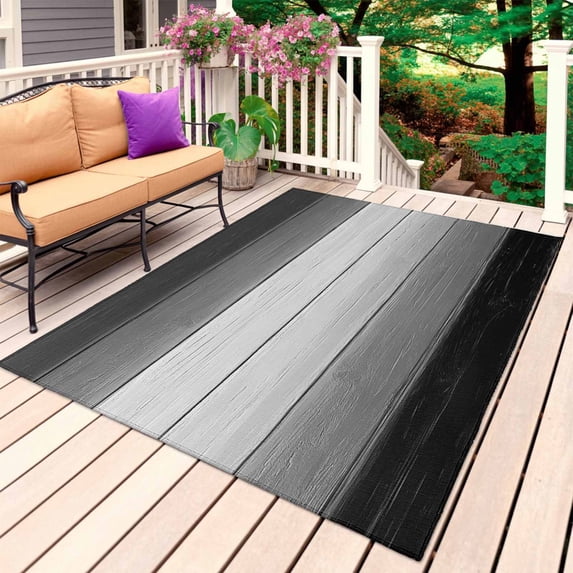 Black Gray Outdoor Rug for Patio/Deck/Porch, Non-Slip Large Area Rug 6 x 9 Ft, Farmhouse Vintage Gradient Wooden Plank Indoor Outdoor Rugs Washable Area Rugs, Reversible Camping Rug Carpet Runner