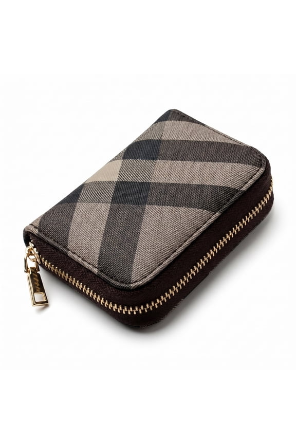 Black & Gray Plaid Mini Zip Wallet – Compact Card Holder & Coin Purse
