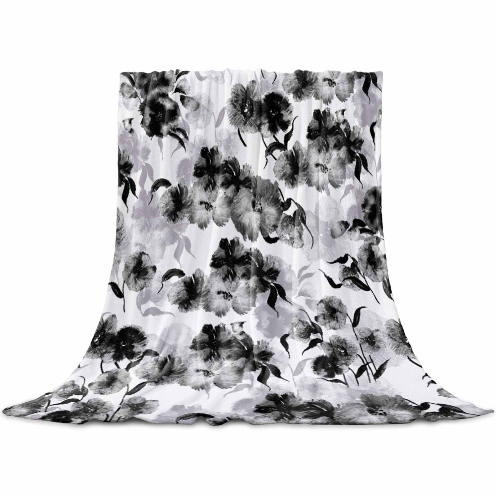 Black Gray Print Flowers Throw Blankets, Soft Flannel Fleece Microfiber