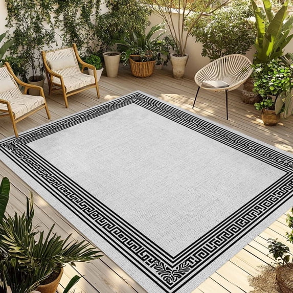Black Gray Retro Greek Key Outdoor Rug 4x6 Ft - Reversible Patio Rug Outdoor Camping Rugs, Greece Ancient Rustic Geometric Indoor Outdoor Area Rugs, Non-Slip Outdoor Carpet Runner for Deck/Porch
