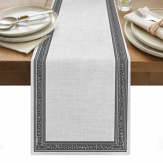 Black Gray Retro Greek Key Table Runner - 108 Inch Long, Kitchen Dining Table Runner Dresser Scarves, Greece Ancient Rustic Geometric Farmhouse Decor for Coffee Tables Wedding Party Banquet