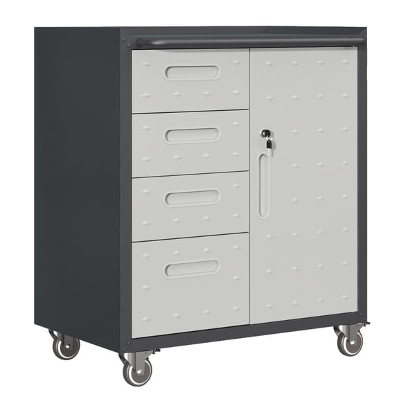 Black Gray Rolling Metal Tool Storage Cabinet, Heavy-Duty Cold Rolled Steel Garage Organizer with 4 Side Drawers & Lockable Compartment with Adjustable Shelf, 200 LBS Total Load, 360 Lockable Detach