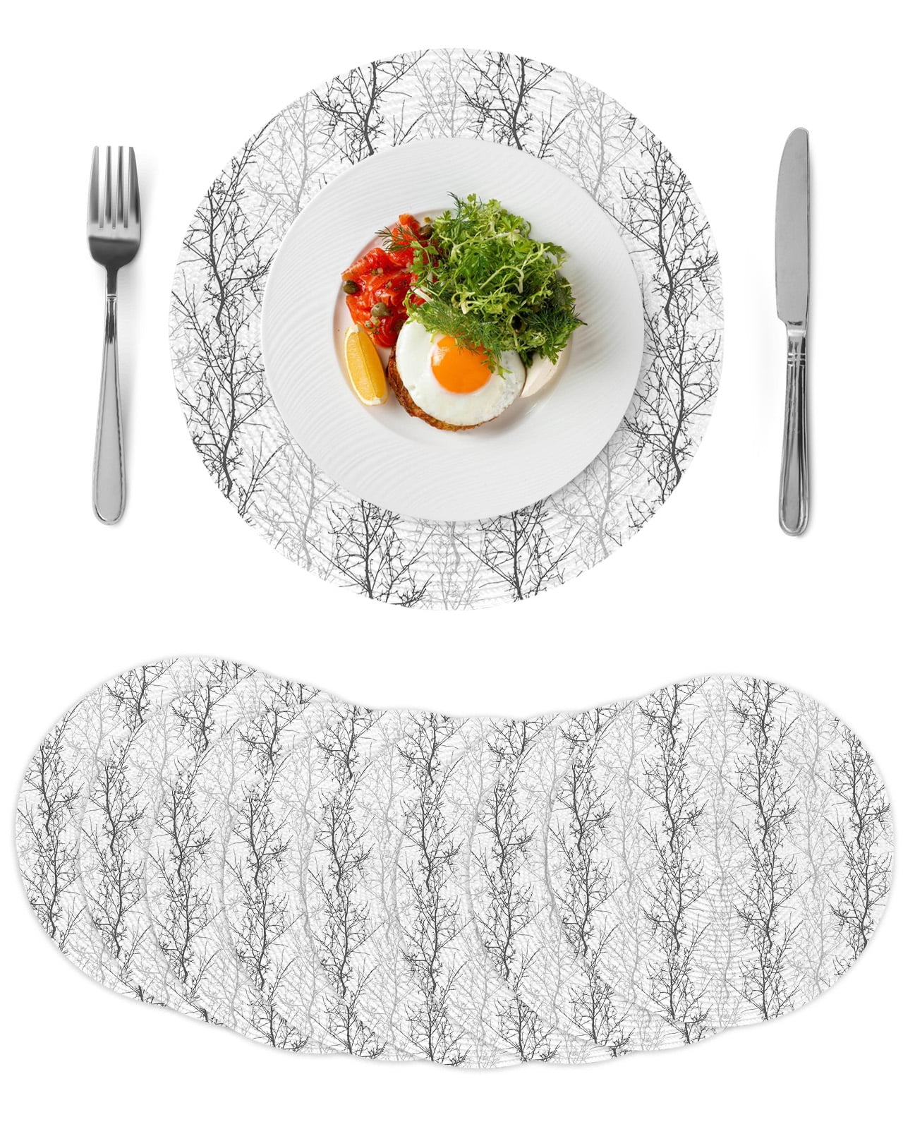 Black Gray Round 13 Inch Placemats Set of 8, Pastoral Botanical Branch ...