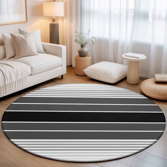 Black Gray Round Rug 4Ft Gradient Stripe Minimalist Ombre Modern Art Circle Area Rugs Washable Non Slip Indoor Floor Mats Carpet for Living Room Bedroom Dining Room Home Decor