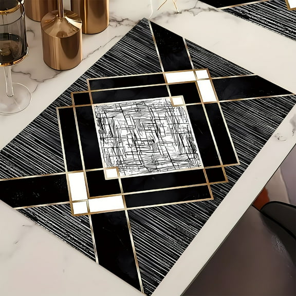 Black and Gray Set of 4 Placemats Heat-Proof Table Mats for Dining Room Kitchen Linen Table Mats Halloween Rectangle Pad Placemat 12x18 Inch - Geometric Lines Abstract Artistic Texture