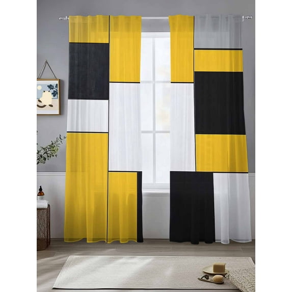 Black Gray Sheer Curtains 108 Inches Long 2 Panels Yellow Geometric Abstract Color Block Modern Light Filtering Semi Sheer Window Curtains Drapes for Bedroom Living Room 52"x108"