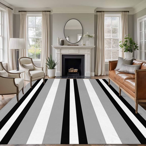 Black Gray Stripe 5'x7' Rug for Living Room Sofa and Coffee Table Layout, Abstract Washable Non Slip Rectangle Area Rug for Living Room Dining Room, Bathroom Accent, Entryway, Beside Bed