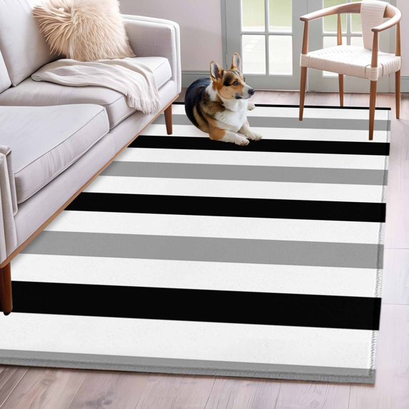 Black Gray Striped 3'x5' Washable Rug, Farmhouse Stripe Art Non-Slip Area Rugs for Entryway Kitchen Classroom, StainResistant Dorm Throw Carpet, Low Pile Soft Indoor Floor Mat