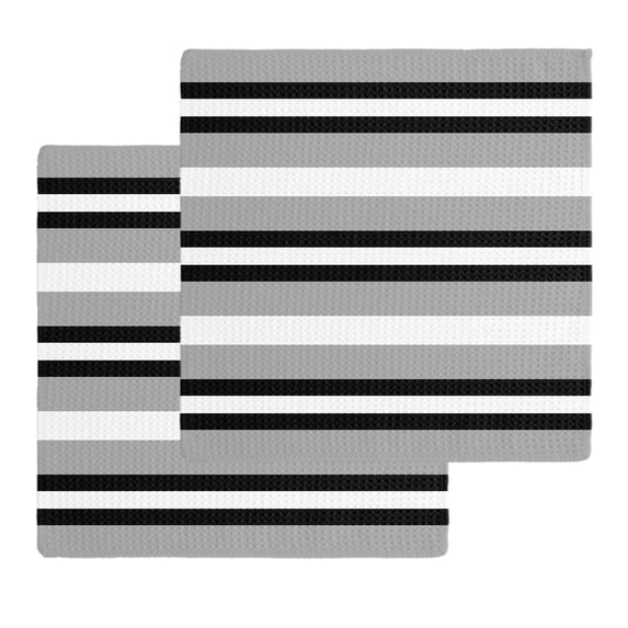 Black Gray Striped Kitchen Dish Towels for Drying Dishes Set of 2, Contemporary Minimalist Lines Art Waffle Weave Microfiber Hand Tea Bathroom Towels Quick Dry & Absorbent Towel 12x12