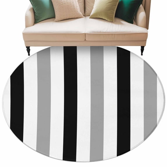Black Gray Striped Large Area Rugs for Bedroom Living Room, Soft Non Slip Carpet Bedside Rug, Farmhouse Stripe Art Round Floor Cover Kitchen Accent Rug 5' for Dining Room/Office