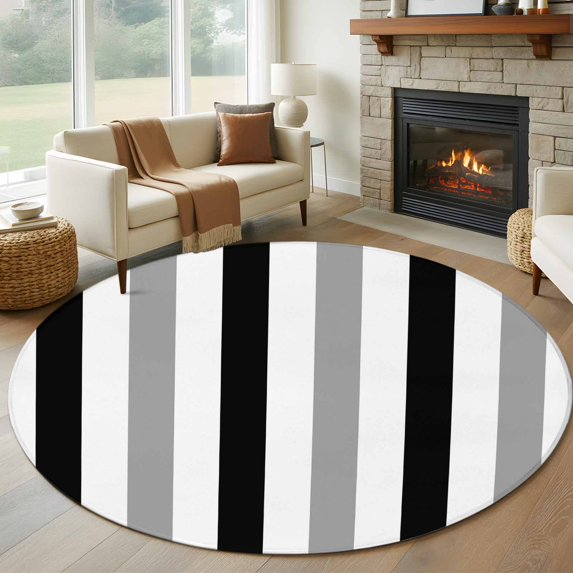 Black Gray Striped Round Area Rug 5ft, Farmhouse Stripe Art Washable Non-Slip Circle Rugs for Bedroom Living Room Kitchen, Soft Low Pile Carpet for Dining Room Playroom Nursery