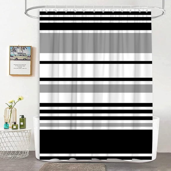 Black Gray Striped Shower Curtain, Horizontal Stripe Pattern, Modern Abstract Minimalist Bathroom Decor 36"W x 72"H