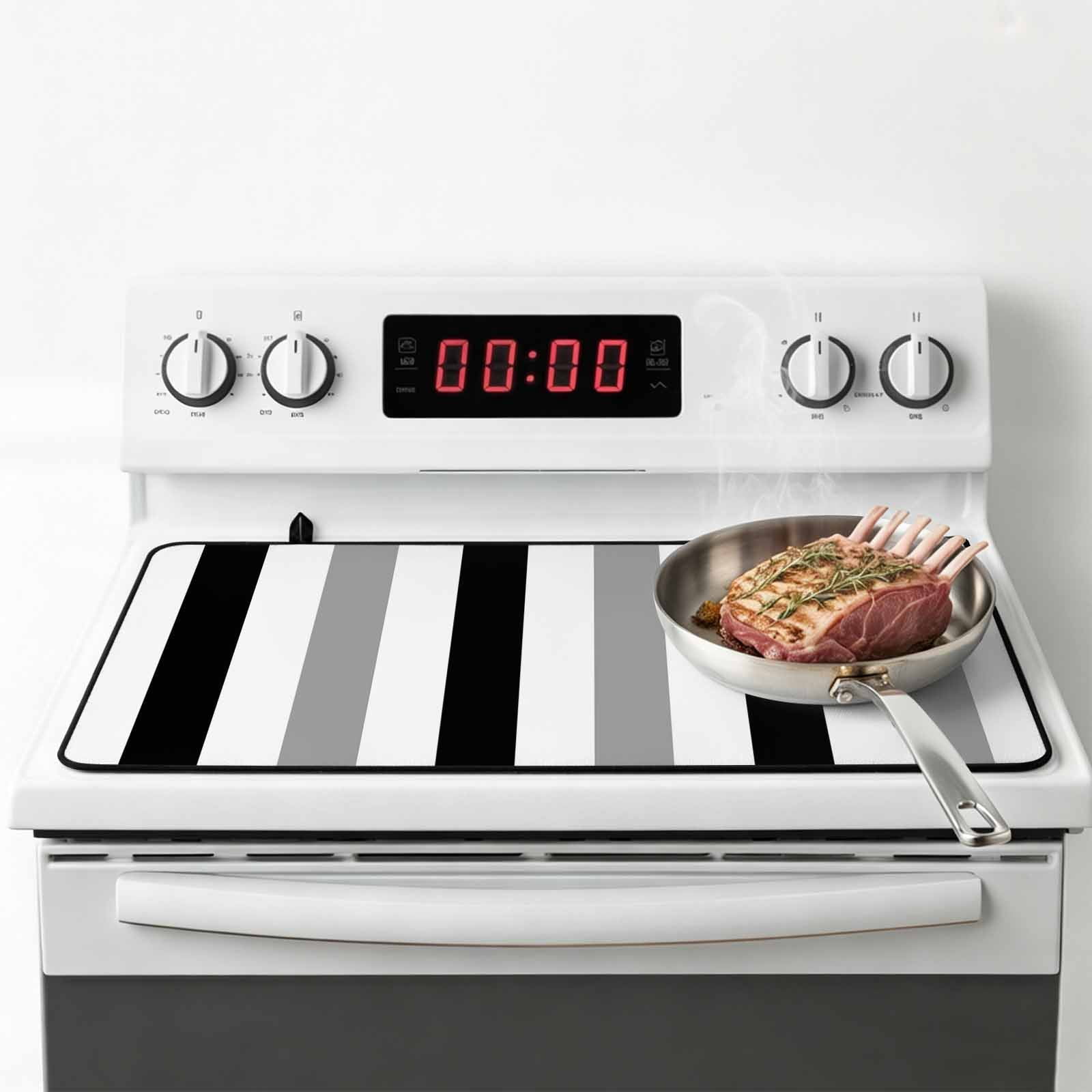 Black Gray Striped Stove Top Cover for Electric Stove, Heat-proof & Non Slip Glass Top Stove Cover Protector, Farmhouse Stripe Art Kitchen Flat Cooktop Rubber Mat 28.5x20.5 Inches