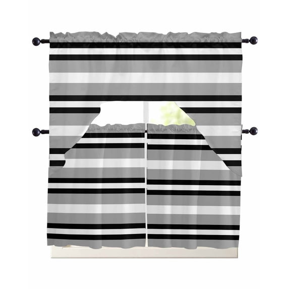 Black Gray Striped Swag Curtains for Living Room/Bedroom Windows, Contemporary Minimalist Lines Art Kitchen Curtains and Valances Set 36 Inch Length, Light Filtering Swags Valance Curtain Panels