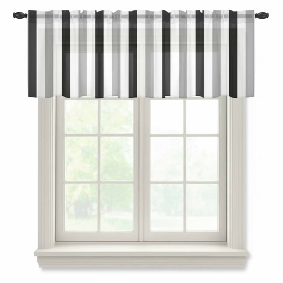 Black Gray Striped Valance Curtains for Kitchen/Living Room/Bathroom/Bedroom Window, Rod Pocket Small Topper Half Short Window Curtains Voile Sheer Scarf, Farmhouse Stripe Art 42"x12"