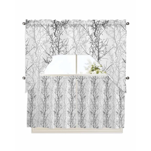 Black Gray Swag Valance and Tier Curtains 24'' Length Set, Pastoral Botanical Branch Aesthetics Light Filtering Kitchen Curtains, Tier Curtain Valances for Bathroom/Living Room/Bedroom/Café