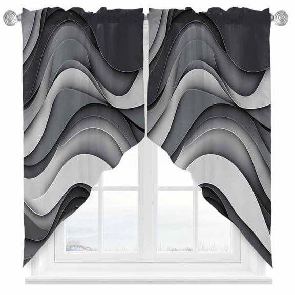 Black Gray Swag Valances for Windows 2 Pack Gradient Ocean Wave Modern Abstract Geometric Swag Kitchen Curtains 36 Inches Long Rod Pocket Short Window Treatment for Kitchen Bathroom 28"x36"