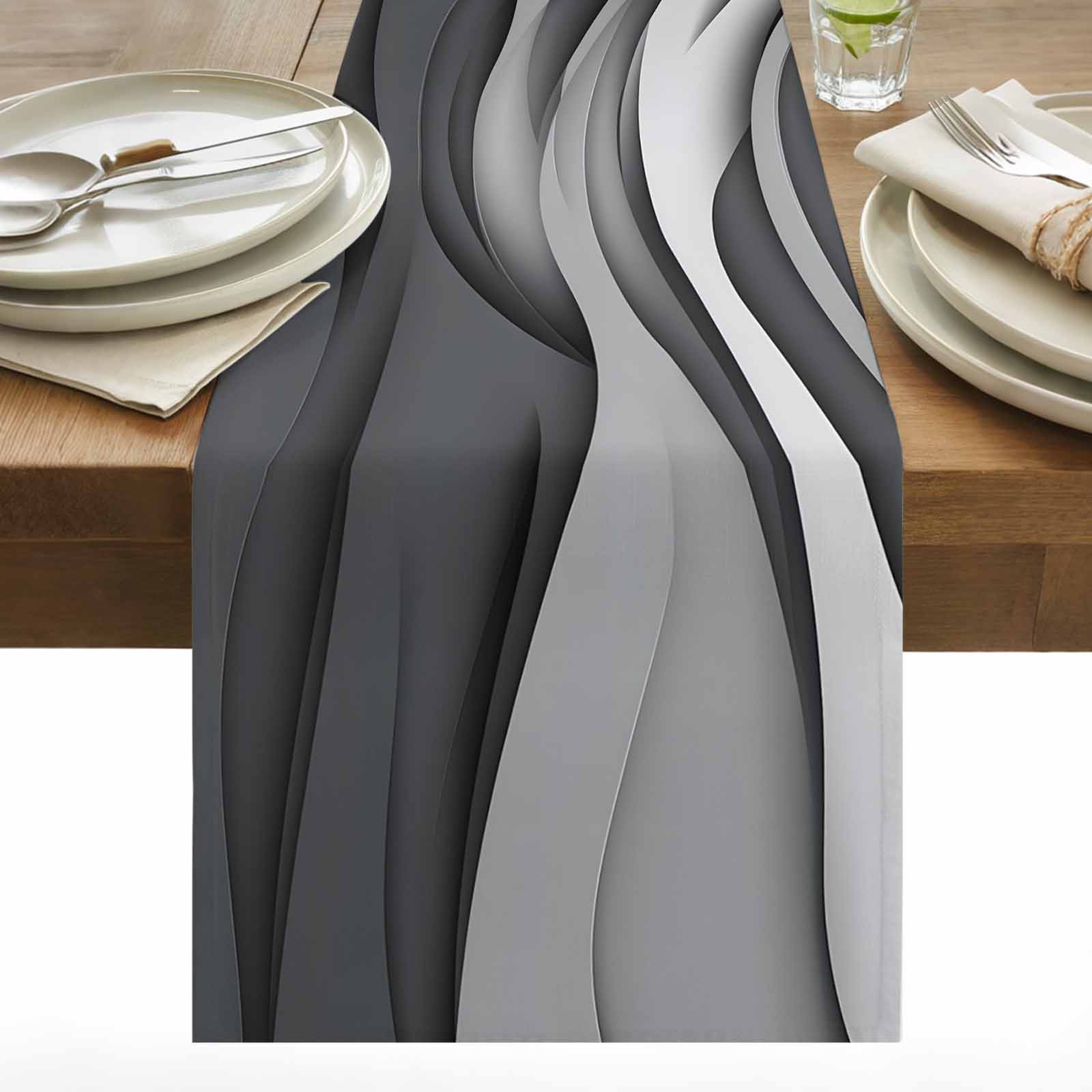 Black Gray Table Runner 13x48 inch Gradient Ocean Wave Geometric ...