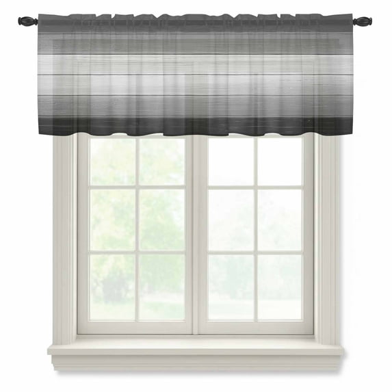 Black Gray Valance Curtains for Kitchen/Living Room/Bathroom/Bedroom Window, Rod Pocket Small Topper Half Short Window Curtains Voile Sheer Scarf, Farmhouse Vintage Gradient Wooden Plank 42"x12"
