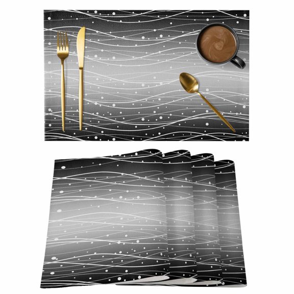 Black Gray Waves Gradient Placemats Set of 6,Wipeable Washable Table Mats for Dining Tables, Abstract Wave Points Place Mats for Kitchen Event Party Tabletop Decor