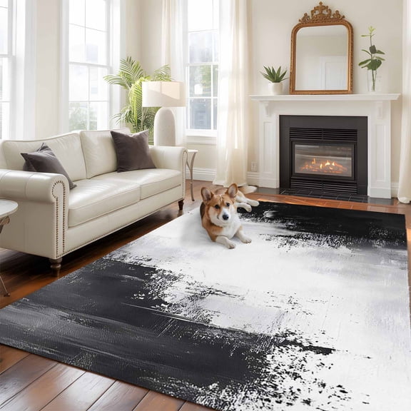 Black Gray White Area Rug 5x7 FT, Non Slip Bedroom Throw Carpet, Minimalism Abstract Ombre Aesthetic Washable Soft Floor Carpet Non-Shedding Rug for Dining Room Bedside Classroom Desk