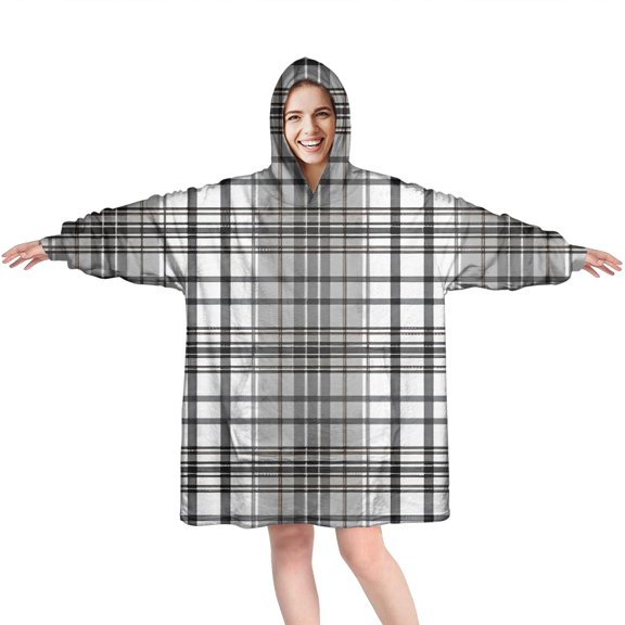 Black Gray and White Checkered Pattern Wearable Oversized Blanket,Wearable Blanket Hoodie for Adults,Cozy Hooded Blankets with Super Pockets,Super Warm Fuzzy Pullover for Women & Men