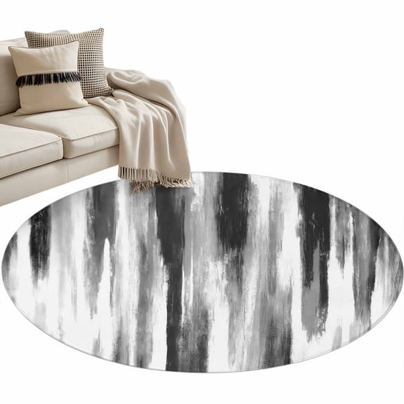 Black Gray White Round Rug 3ft Area Rug Washable Soft Non-Slip 3' Circle Low Pile Rugs Vintage Rustic Abstract Ombre Aesthetic Carpet for Bedroom Living Room Entryway Home Office Dining Room