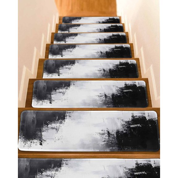 Black Gray White Stair Treads for Wooden Steps Indoor Runner Rug Carpet, Minimalism Abstract Ombre Aesthetic 4 Pieces Peel and Stick Staircase Step Treads Covers Washable Throw Door Mats, 30"x8"