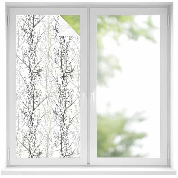 Black Gray Window Privacy Film, Pastoral Botanical Branch Aesthetics Static Cling UV Sun Blocking Heat Control Window Tint Day and Night, Non-Adhesive One Way Windows Privacy Cover 17.7''x39.3''