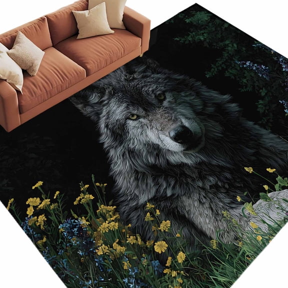 Black Gray Wolf Area Rug 8x10 Washable Rug Non Slip Wildflowers Animal Wilderness Large Area Rug Soft Stainresistant Indoor Floor Carpet for Living Room Bedroom Home Office Dining Room Nursery