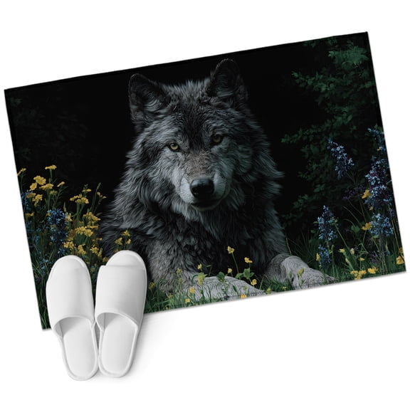 Black Gray Wolf Bathroom Rug Washable 2x3 Entryway Rug Non Slip Wildflowers Animal Wilderness Front Door Mat Low Pile Indoor Doormat Throw Floor Carpet for Kitchen Bedroom Entrance