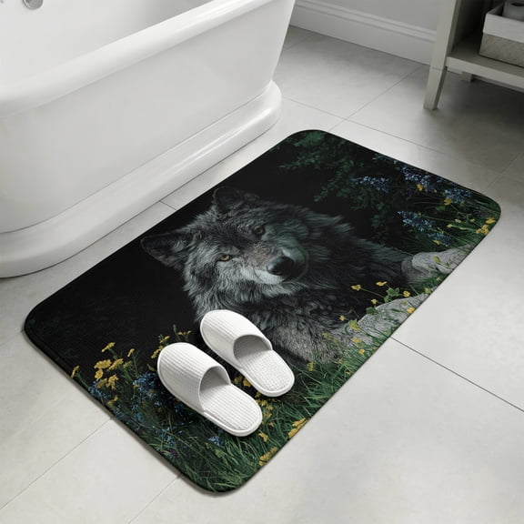 Black Gray Wolf Bathroom Rugs Non Slip Washable Bath Mat Absorbent Low Pile Front Door Mat Wildflowers Animal Wilderness Indoor Doormat for Kitchen Entryway Shower Decor Accessories 15.7"x23.6"