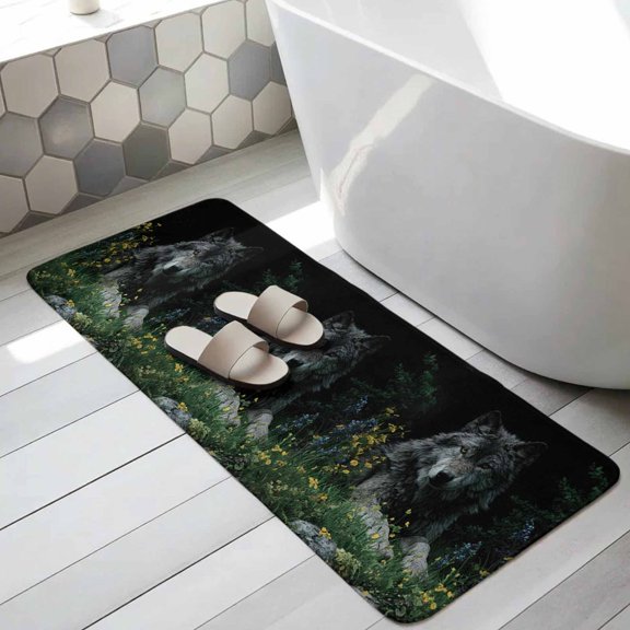 Black Gray Wolf Bathroom Runner Rugs Non Slip Washable Absorbent Narrow Long Bath Mat Wildflowers Animal Wilderness Runner Rugs for Kitchen Hallway Bedroom Laundry Study Room 19.7"x63"