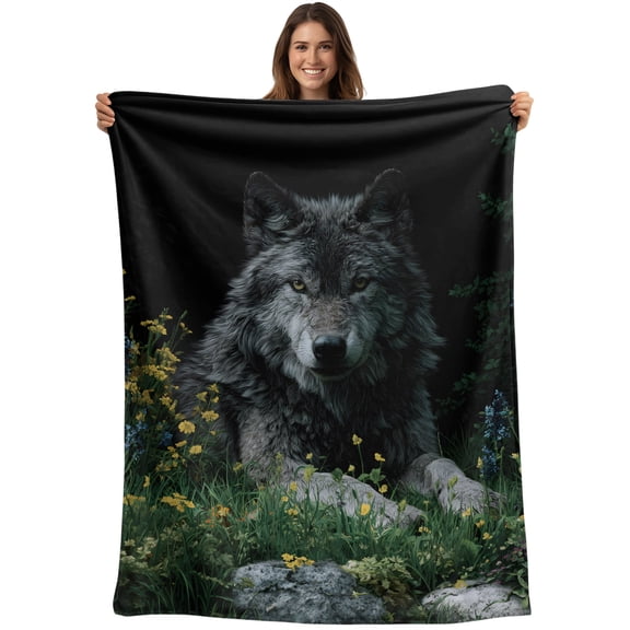 Black Gray Wolf Blanket Soft Cozy Warm Throw Blanket for Couch, Plush Fuzzy Flannel Blankets for Sofa, Wildflowers Animal Wilderness Bed Blankets Lightweight Gifts for Women, 40"x60"