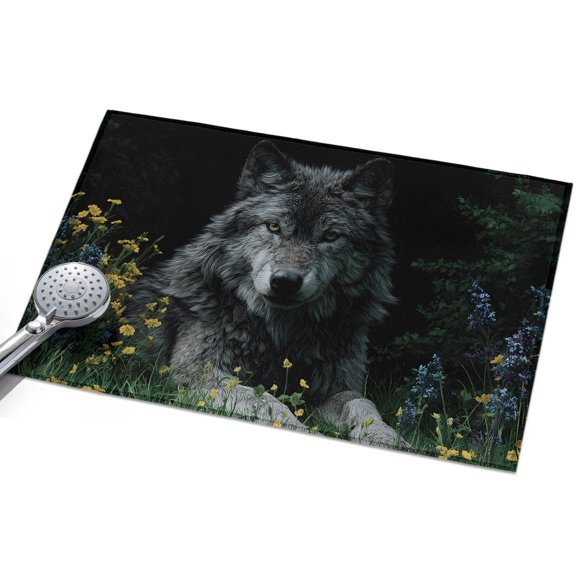 Black Gray Wolf Entryway Rug 2x3ft Washable Non Slip Bathroom Rug Low Pile Indoor Floor Front Door Mat Wildflowers Animal Wilderness Rectangle Area Rugs Carpet for Kitchen Office Dining Room Home