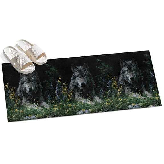Black Gray Wolf Hallway Runner Rug 2x6 Washable Non Slip Kitchen Runner Rug for Bedside Bathroom Low Pile Wildflowers Animal Wilderness Indoor Floor Carpet Area Rugs for Living Room Bedroom Office