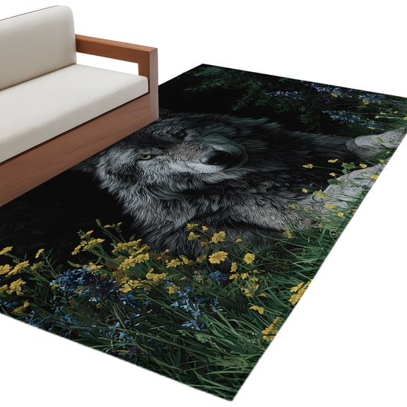 Black Gray Wolf Kitchen Runner Rug 2.7x5 Washable Runners for Hallway Non Slip Wildflowers Animal Wilderness Large Area Rug Indoor Floor Carpet for Bathroom Laundry Entryway Bedroom Living Room